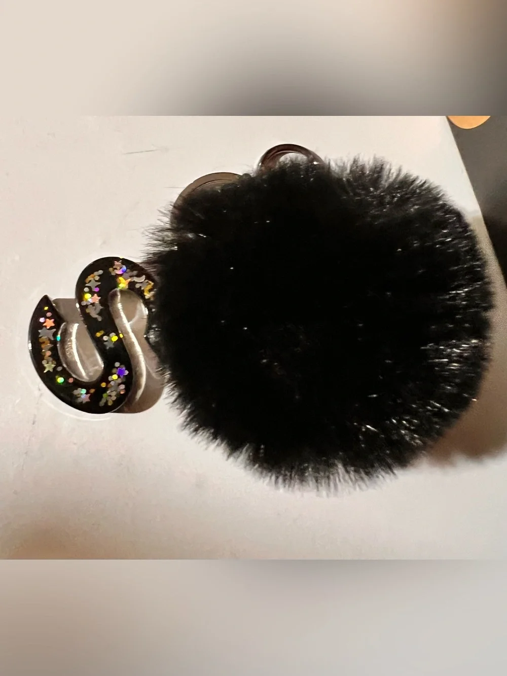 Black Faux Fur Pom Keychain with Letter S Charm